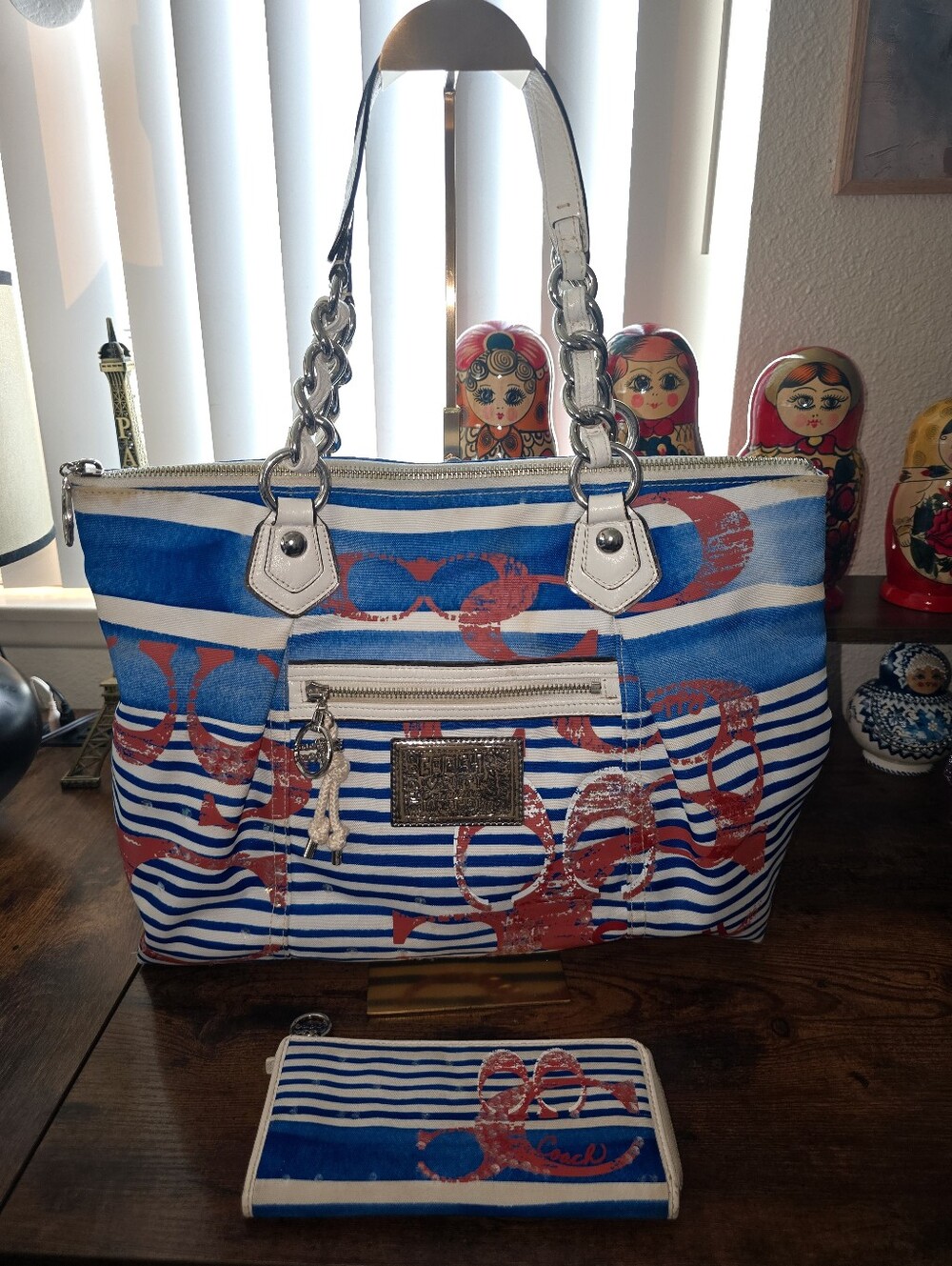 Coach Poppy Nautical Stripe Tote and Matching Wallet Set-Rehab/Project